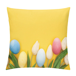 Personality  Top View Of Tulips And Painted Easter Eggs On Colorful Yellow Background Pillow Covers