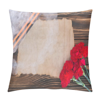 Personality  Smoke Over St. George Ribbon, Old Empty Paper And Carnations On Wooden Surface Pillow Covers