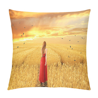 Personality  Woman In Dress Walking Through Open Autumn Wheat Field Pillow Covers