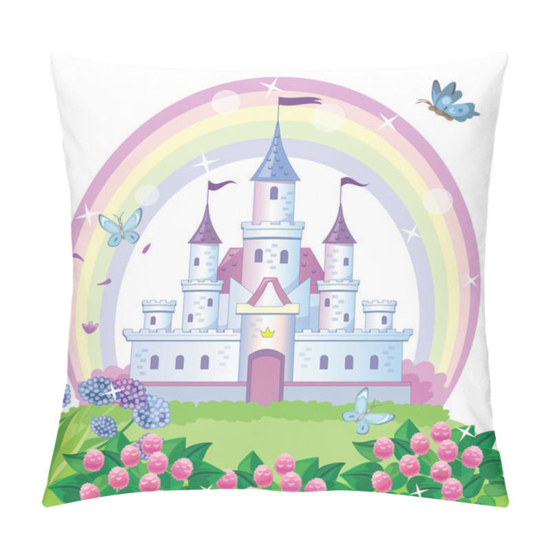 Personality  A fairy-tale castle for a Princess. Beautiful flower meadow and rainbow. Wonderland. Children cartoon illustration. Vector. pillow covers