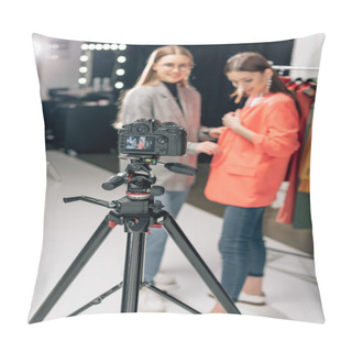 Personality  Selective Focus Of Digital Camera With Happy Stylist Standing With Trendy Model On Screen  Pillow Covers