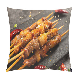 Personality  A Selective Focus Shot Of Delicious Meat On Wooden Skewers Seasoned With Various Spices Pillow Covers