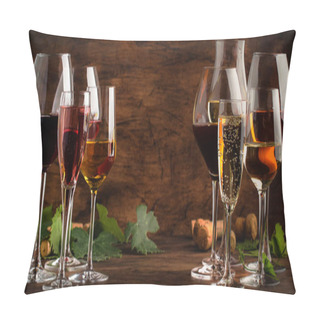 Personality  Wine Tasting Concept, Still And Sparkling Wines. Red, White Wine, Rose And Champagne In Wine Glasses. Panoramic Banner With Copy Space Pillow Covers