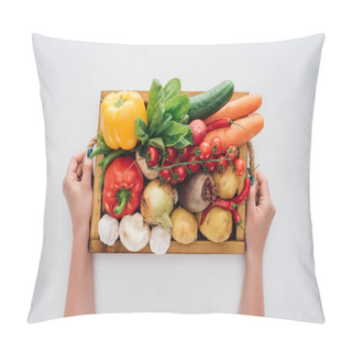 Personality  Cropped Shot Of Person Holding Box With Fresh Raw Vegetables Isolated On White  Pillow Covers