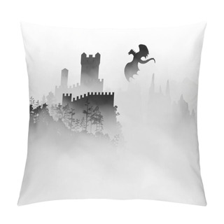 Personality  Castle On The Top Of Mountain With Forest Under The Fog Clouds And Dragon Flying In The Sky Near The Fortress. Vector Black And White Silhouette Illustration. Pillow Covers