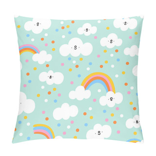 Personality  Little Happy Clouds And Confetti Rain On Mint Background, Vector Seamless Pattern Pillow Covers