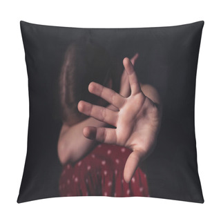 Personality  Selective Focus Of Frightened, Lonely Child Sitting With Outstretched Hand Isolated On Black Pillow Covers