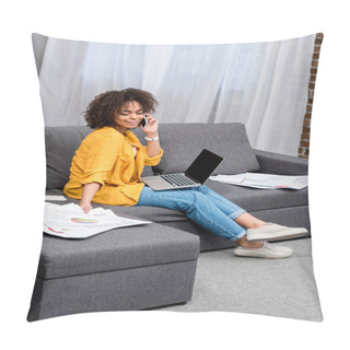 Personality  Beautiful Young Woman Working And Talking By Phone At Home On Couch Pillow Covers