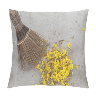 Personality  Old Styled Broom Made Of Coconut Leaf Stalks Sweeping Yellow Flowers Pillow Covers