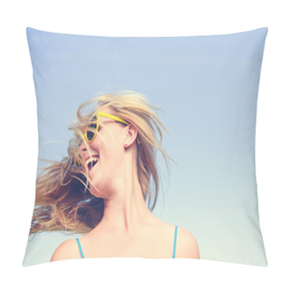 Personality  Closeup Picture Of Amazing Sensual Young Girl With Flying Blonde Hair  Pillow Covers