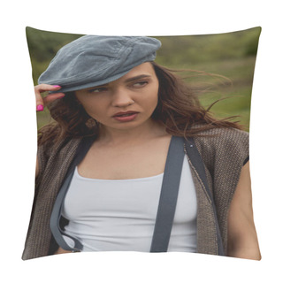 Personality  Portrait Of Fashionable Brunette Woman In Vest And Vintage Suspenders Touching Newsboy Cap And Looking Away While Standing At Blurred Nature, Fashion-forward In Countryside Pillow Covers