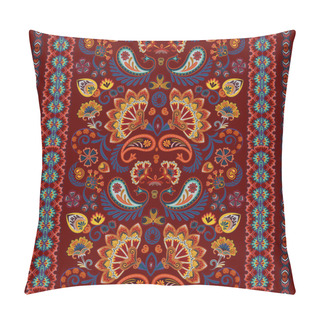 Personality  Indian Seamless Pattern. Wallpaper With Paisley. Ethnic Style. Border Ornament. Brown Orange Blue. Pillow Covers