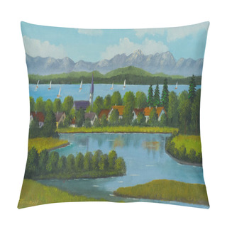 Personality  Oil Painting Of A Lake Landscape With Sailboats In A Village In The Middle And Mountains In The Background Pillow Covers