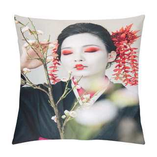 Personality  Selective Focus Of Tree Branches And Beautiful Geisha With Red And White Makeup And Closed Eyes Isolated On White Pillow Covers