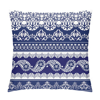 Personality  Set Of Lace Bohemian Seamless Borders. Stripes With Blue Floral Motif, Paisleys. Decorative Ornament Backdrop For Fabric, Textile, Wrapping Paper. Pillow Covers