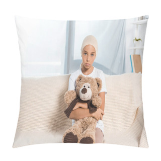 Personality  Sick Child Sitting On Sofa And Holding Teddy Bear  Pillow Covers