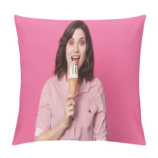 Personality  Positive Young Female Model Holds Delicious Cold Ice Cream, Looks With Eyes Full Of Happiness, Wears Striped Shirt, Enjoy Spare Time, Isolated Over Pink Background, Has Professional Make Up. Pillow Covers