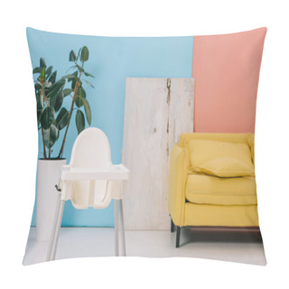 Personality  Room With Yellow Sofa, Highchair And Large Ficus In Flower Pot Pillow Covers