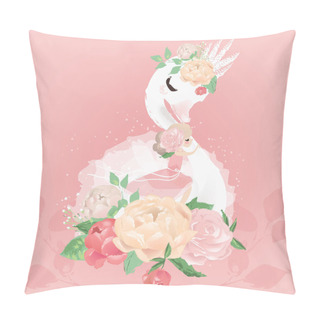 Personality  Beautiful Illustration Of Swan Bird With Crown And Flowers On Pink Background Pillow Covers
