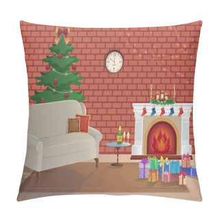 Personality  Merry Christmas Room Interior On A Brick Background With A Fireplace, Christmas Tree, Couch, Gift Boxes, Wall Clock. Candles Socks And Decorations. Waiting For The New Year And Christmas Card. Vector Pillow Covers