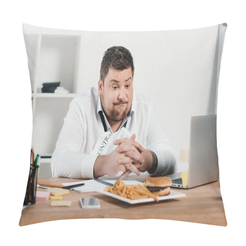 Personality  Overweight Businessman Having Lunch With Hamburger And French Fries In Office Pillow Covers