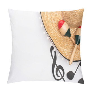 Personality  Top View Of Sombrero And Maracas Near Paper Cut Music Notes On White Background Pillow Covers