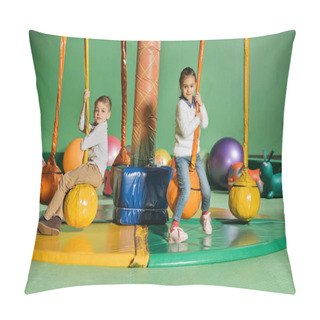 Personality  Cute Happy Little Kids Looking At Camera While Swinging In Entertainment Center Pillow Covers