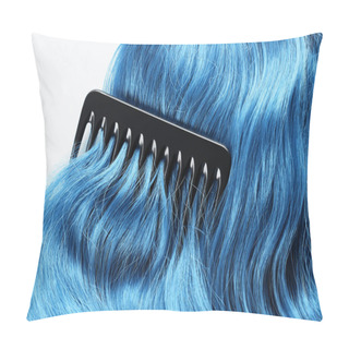 Personality  Top View Of Comb On Colored Blue Hair Isolated On White Pillow Covers