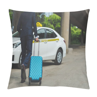Personality  Back View Of Young Man With Suitcase Running To Taxi Cab Pillow Covers