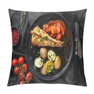 Personality  Cooking In Tomatoes Monkfish Fish With Baked Potatoes. Fresh Seafood. Black Background. Top View. Pillow Covers