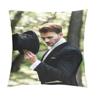 Personality  Handsome Aristocratic Man Holding Hat While Standing In Suit  Pillow Covers