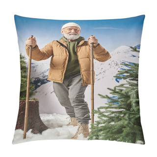 Personality  Good Looking Athletic Santa With Ski Poles In Hands Standing On Snow Next To Trees, Winter Concept Pillow Covers