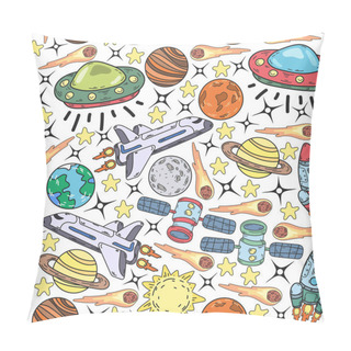 Personality  Vector Doodle Space Pattern. Earth, Moon, Jupiter, Sun, Saturn. Pillow Covers