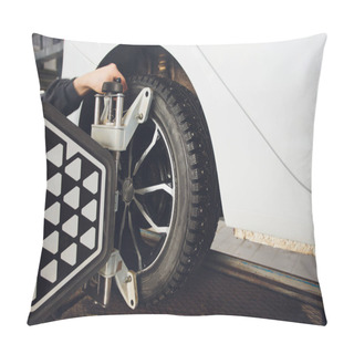Personality  A Car On The Car Steering Wheel Balancer And Calibrate With Laser Reflector Attach On Each Tire To Center Driving Adjust In The Garage. Pillow Covers
