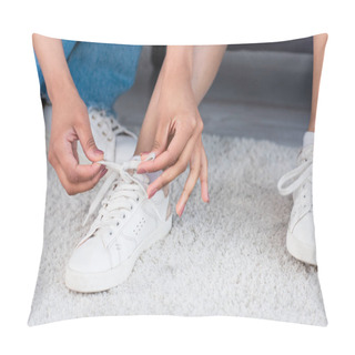 Personality  Cropped View Of Mother Tying Shoelaces On Daughter Shoes At Home  Pillow Covers