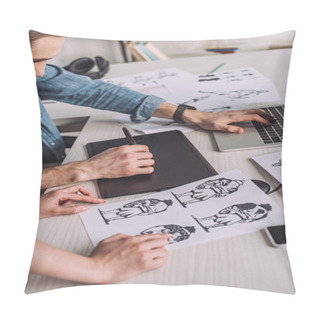 Personality  Cropped View Of Animator Pointing With Finger At Cartoon Sketch Near Coworker  Pillow Covers