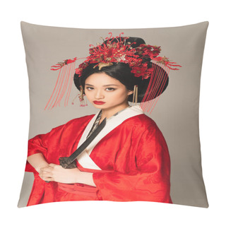 Personality  Japanese Woman In Traditional Clothes Holding Sword Isolated On Grey  Pillow Covers
