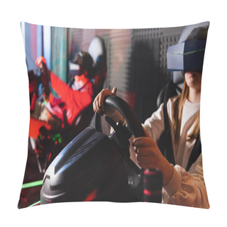 Personality  Friends In Vr Headsets Playing Racing Game On Car Simulators, Blurred Foreground Pillow Covers