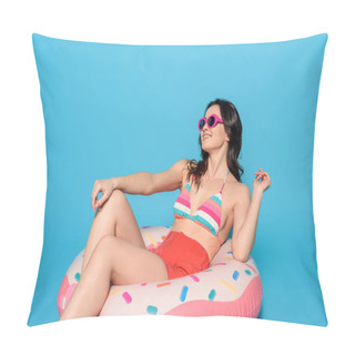 Personality  Smiling Woman In Sunglasses Sunbathing While Sitting On Inflatable Ring On Blue Background Pillow Covers
