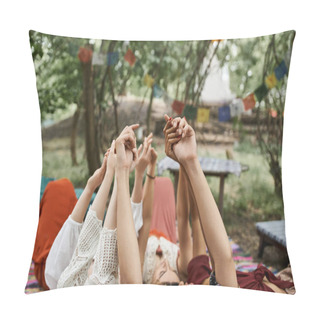 Personality  Multiethnic Women Raising And Holding Hands While Lying Together Outdoors In Retreat Center Pillow Covers