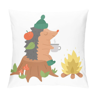Personality  Cute Hedgehog Sitting On The Stump With Hot Tea Near The Fire. Vector Autumn Character Isolated On White Background. Fall Season Woodland Animal Icon.  Funny Forest Illustration Pillow Covers