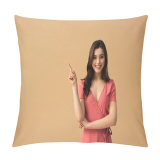 Personality  Cheerful Brunette Woman Pointing With Finger While Standing Isolated On Brown  Pillow Covers