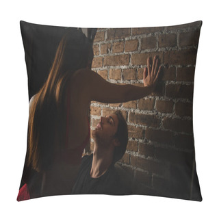 Personality  Hot Woman In Bunny Ears Making Love With Young Man Near Brick Wall In Darkness Pillow Covers