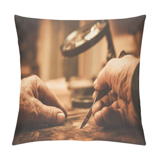 Personality  Senior Restorer Working With Antique Decor Element  Pillow Covers