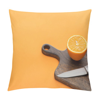 Personality  Fresh Juicy Orange Half On Cutting Board With Knife On Colorful Background Pillow Covers