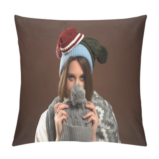 Personality  Woman Looking Out From Winter Hat Pillow Covers
