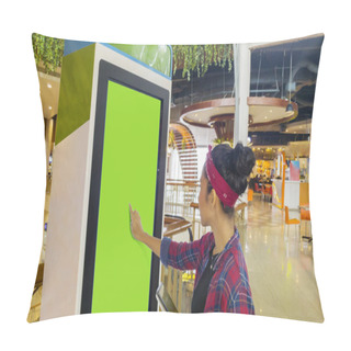 Personality  Woman Touches A Screen Of Self-ordering Kiosk Pillow Covers