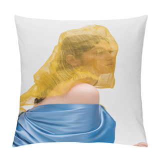 Personality  Young Ukrainian Woman Woman With Yellow Drapery Covering Face Looking Away Isolated On Grey Pillow Covers