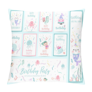 Personality  Hand Drawn Cute Card With Mermaid,caticorn,squid,coral And Sea Horse Pillow Covers