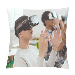 Personality  Side View Of Multicultural High School Teenage Students Using Virtual Reality Headsets  Pillow Covers